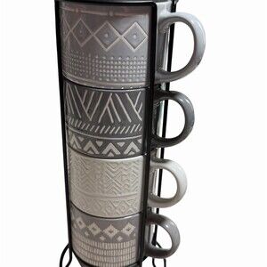 Overandback Stackable Coffee Tea Mugs Set of 4 w/ Storage Rack Gray White